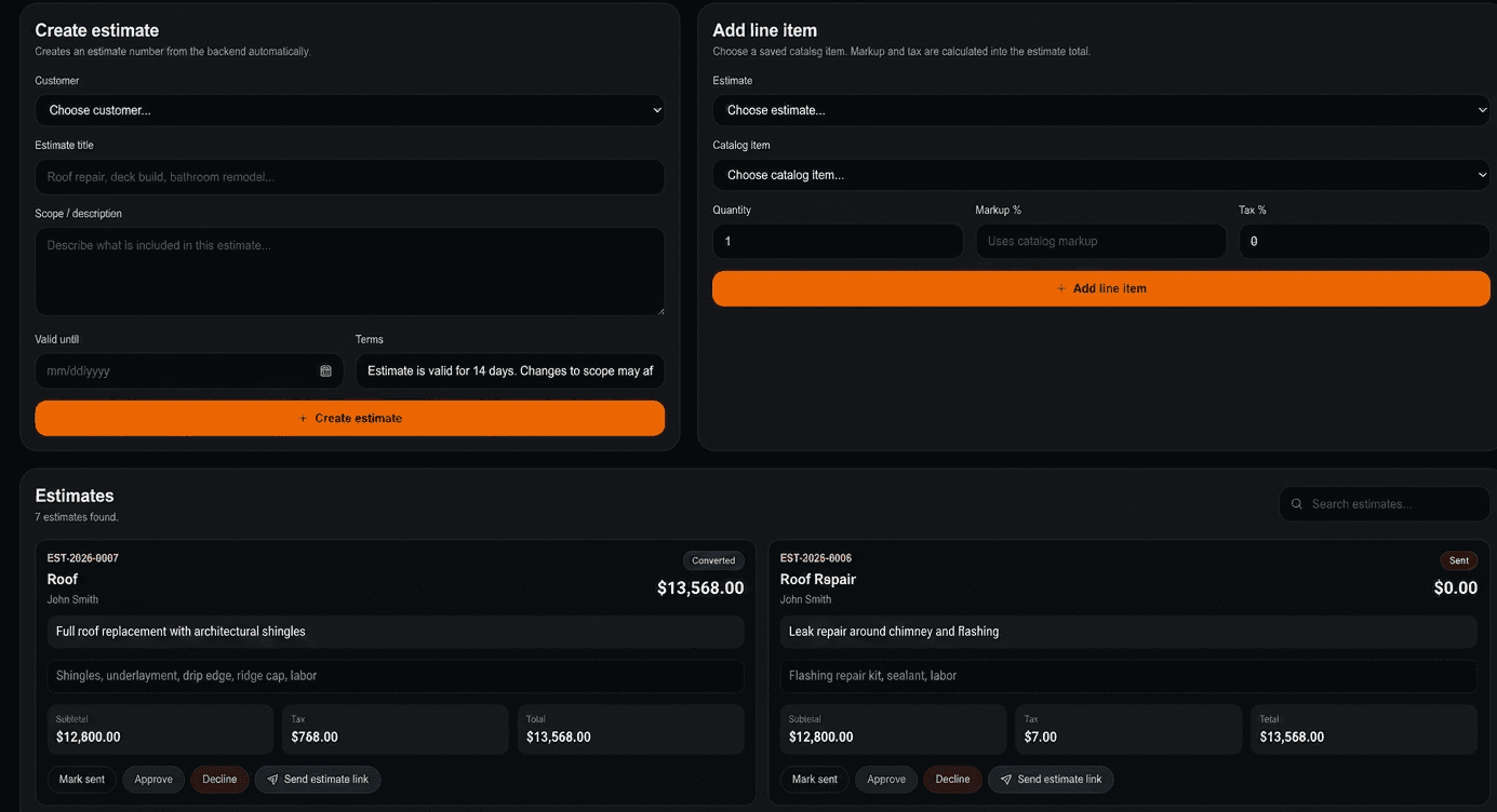 Townside Contractor estimate builder with customer selection, line items, markup, tax, totals, and estimate cards