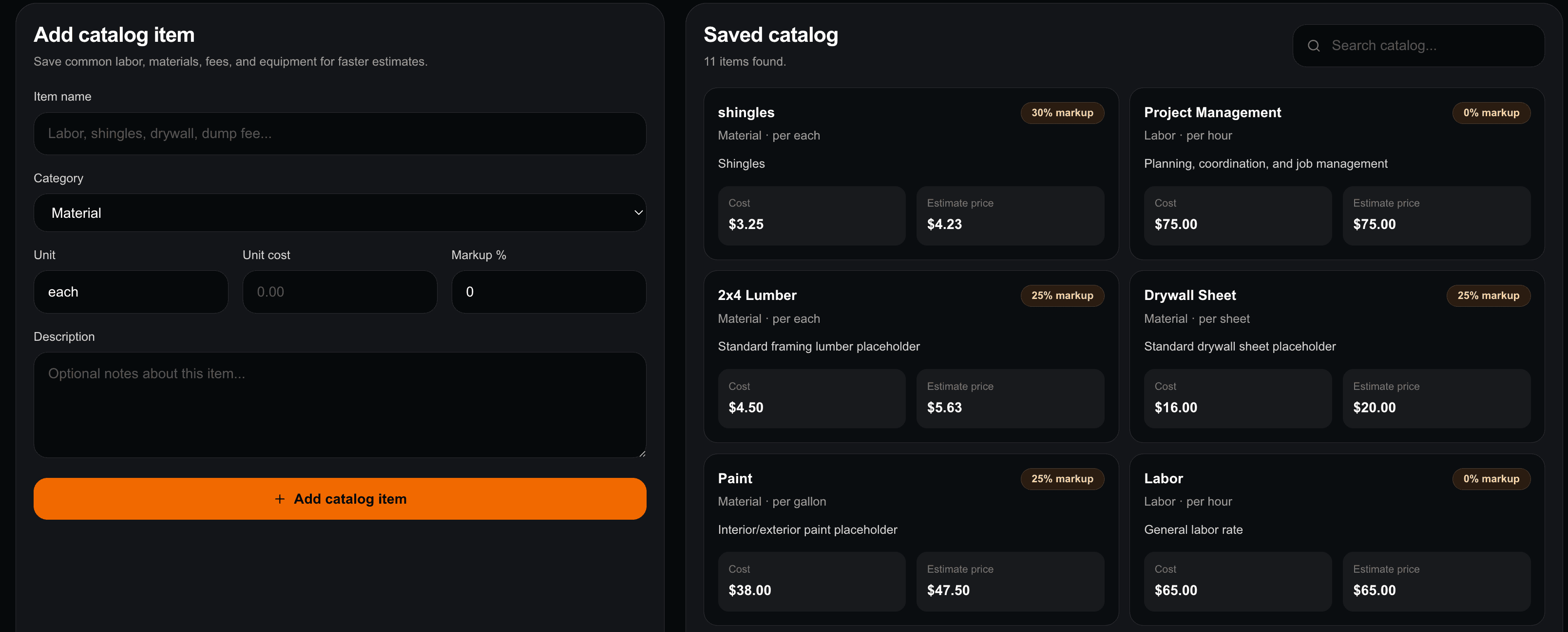 Townside Contractor saved catalog with labor, materials, costs, estimate prices, and markup